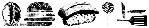 Stylized coffee bean, burger, sushi, lollipop, and kitchen tools rendered in halftone texture, distressed aesthetic, food, culinary symbols, graphic design elements.