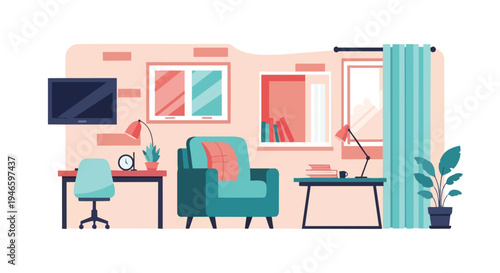 Cozy modern flat design living room and home office space illustration with contemporary furniture and decor elements vibrant color palette offering