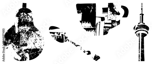 Distressed black vector silhouettes of Canadian cultural symbols lightbulb, hockey stick, CN Tower, urban grit, retro texture, graphic design elements.
