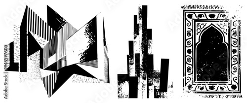 Stylized architectural fragments rendered in high contrast halftone, angular shapes, graphic design, vector art, modern minimalism, urban abstraction.