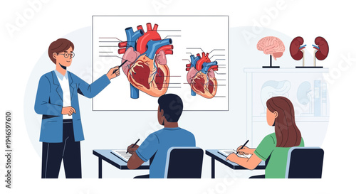Medical students learn heart anatomy in a classroom lesson with teacher pointing at diagram