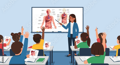 Anatomy lesson in a lively classroom with a teacher and engaged students raising their hands