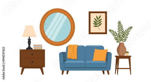 Cozy and minimalist living room interior design with contemporary blue sofa inviting orange accents and lush green botanical elements creating a