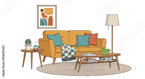 A cozy illustrated contemporary living room interior featuring a warm yellow sofa, artistic cushions, unique side tables and a peaceful domestic