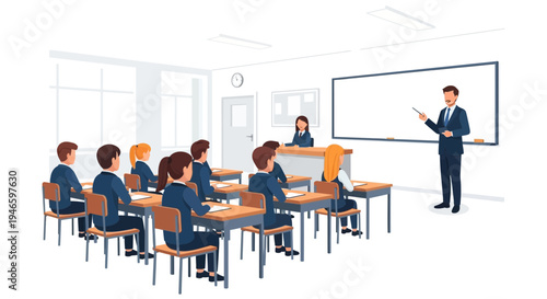 Students attentive in a classroom setting with teacher at the front