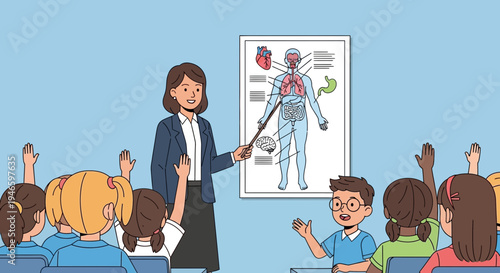 Teacher explaining human anatomy poster to engaged students in a bright classroom setting