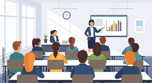 Professional businesswoman leading a business presentation to an attentive audience in a modern classroom setting.