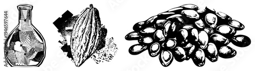 Cacao pod, raw cocoa beans, fermentation tank, chocolate making, artisanal ingredients, cocoa processing, confectionery base.