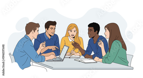 Diverse group of students collaborating around a table with laptop and notebooks, engaged in active learning and discussion.