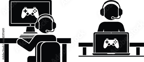 Online gamer with headset playing video game on computer and laptop, esports streaming concept, gaming technology silhouette illustration