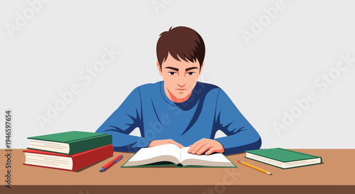 Young male student focused on reading an open book at a desk with study materials