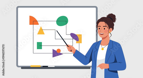 A friendly teacher presents a geometric diagram on a whiteboard, explaining educational concepts with a pointer.