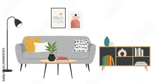 Minimalist living room interior design with grey sofa, abstract art, and bookshelf.