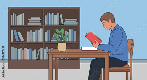 Young man engrossed in reading a red book at a wooden table in a room with bookshelves