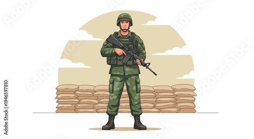 A determined soldier in full uniform stands guard with a rifle, positioned in front of sandbag defenses.