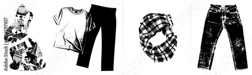 Black and white halftone fashion items including, t shirt, pants,, and jeans, stylized vector illustration, isolated apparel set, urban streetwear.