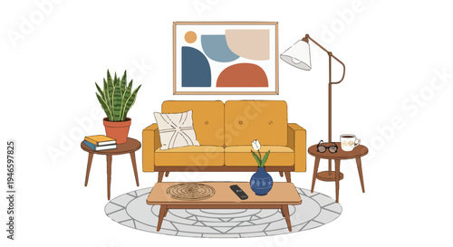 Contemporary living room illustration with cozy mustard sofa abstract art snake plant decor elements and warm lighting setup perfect for digital