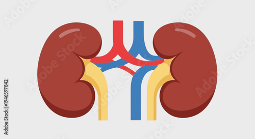 Detailed illustration of human kidneys with connected arteries and veins