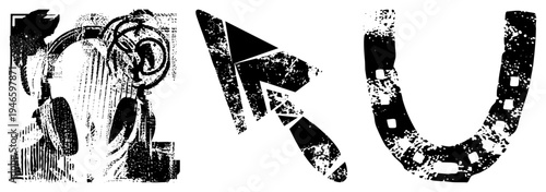 Retro film strip and computer cursor with distressed texture, digital symbols, pixelated design, aesthetic, tech nostalgia.