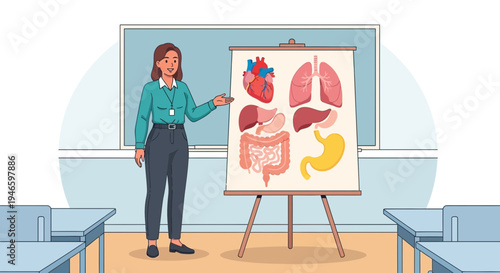 Teacher presenting a detailed diagram of human internal organs for medical education