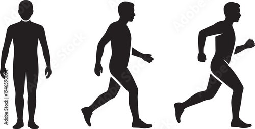 Progression of man running from standing to full sprint isolated on transparent background