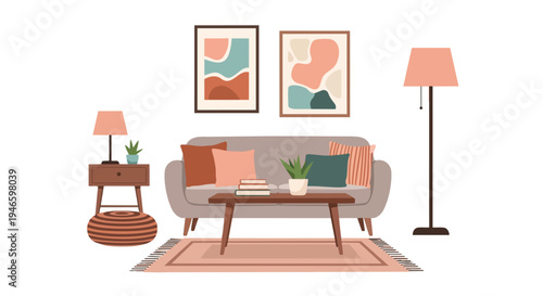 Comfortable Modern Living Room Interior with Abstract Art and Cozy Furnishings Illustration