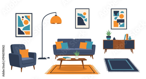 Modern minimalist living room decor with comfortable blue furniture and abstract art aesthetics