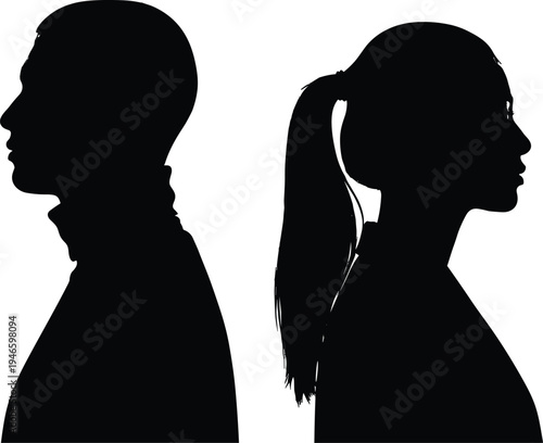 Side profile silhouettes of a man and woman standing back to back representing relationship conflict communication gap or gender identity diversity