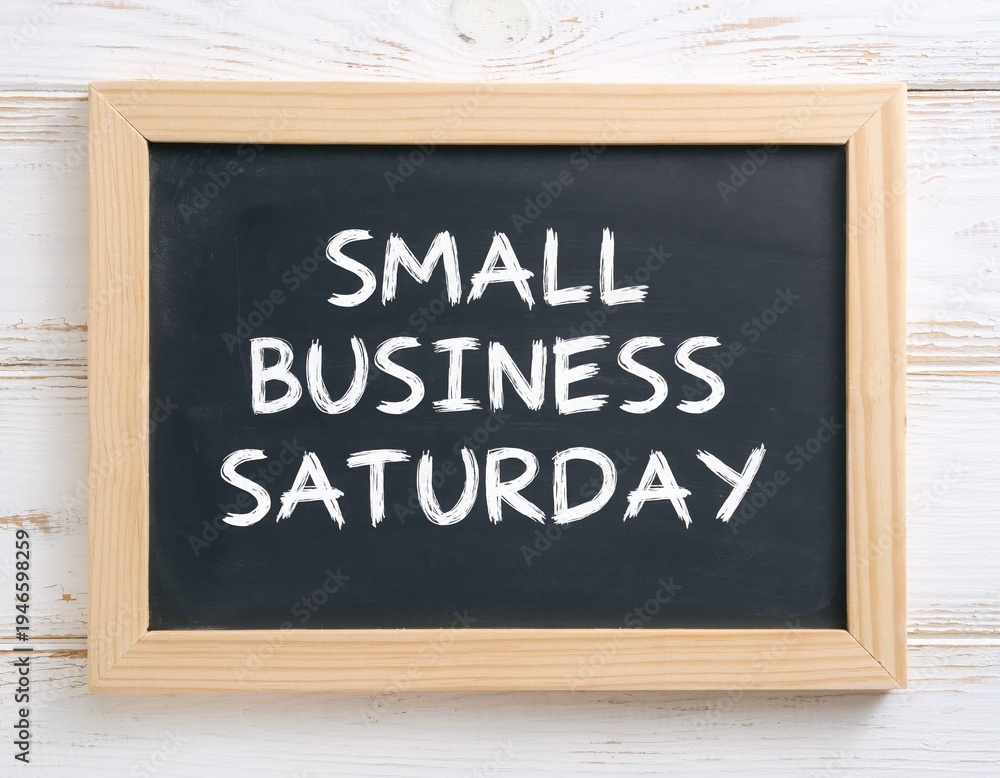 Obraz premium Small Business Saturday: A simple chalkboard sign with wooden frame, promotes the annual Small Business Saturday event, advocating for local economic support and community engagement. 