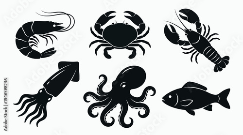 Marine Animal Silhouette Set Shrimp Crab Lobster Squid Octopus Fish