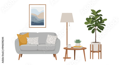 Minimalist living room interior with grey sofa, floor lamp, side table, and houseplants for cozy ambiance.