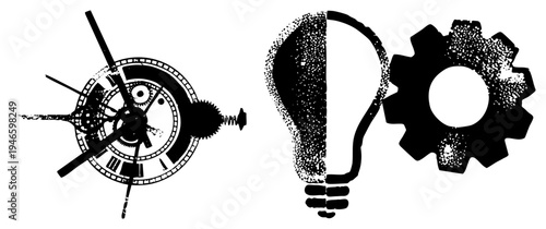 Vector illustration of clockwork mechanism, lightbulb, and gear with halftone grain. Technical symbols for innovation, time, and mechanics. Isolated elements for UI or industrial design.