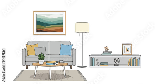 Modern living room illustration featuring a comfy grey couch with cushions a sleek coffee table a green plant and a tall lamp beside a tidy