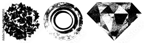 Three vector rendered with halftone texture chaotic triangle cluster, concentric ring, faceted diamond. Graphic design elements for digital or print.