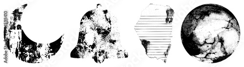 Distressed halftone shapes including moon, bell, paper fragment, and globe, rendered in gritty with weathered texture, ideal for vintage or alternative design projects.