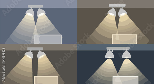 Spotlight illumination dynamics across varied ambient light and object display scenarios depicting diverse conceptual lighting effects in a
