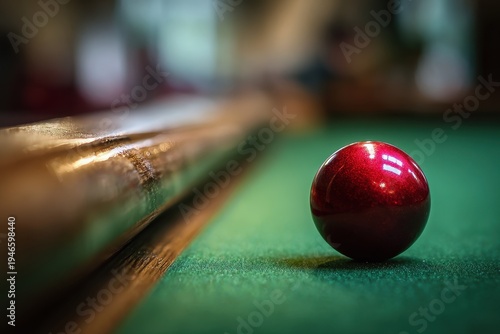 Close-up photograph of a red snooker ball resting on a green baize snooker table with warm lighting