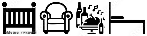 Black silhouette of bed, armchair, wine bottles with music notes, and desk. Represents rest, comfort, leisure, and socializing. Flat vector style.