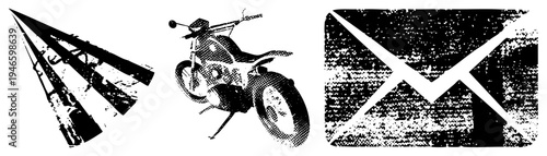 Retro motorcycle with handlebars and wheels, radio tower antenna array, envelope mail symbol, all rendered in halftone dot, black and white vector art.