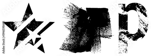 Bold black graphic elements with distressed halftone textures star, stylized R, and letter P. Urban art, typography, vector design, isolated symbols with gritty finish.