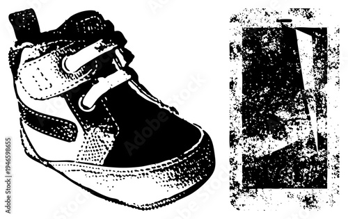 Retro athletic footwear featuring lacing system, padded collar, perforated, and chunky sole, stylized in halftone dot, isolated vector illustration.