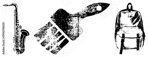 Artistic black and white saxophone, paintbrush, backpack stylized with halftone texture, ideal for creative branding or design assets.
