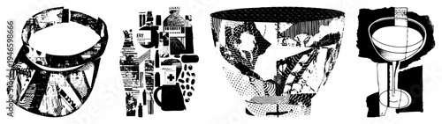 Stylized vector containers including visor, medicine box, bowl, cocktail glass, rendered with halftone, graphic design elements, isolated foreground.