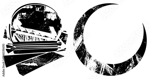 Two stylized black and white graphic elements fragmented circular form and moon silhouette, featuring distressed texture, vector art, graphic design motif.