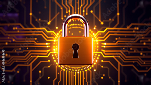 abstract block chain technology digital 3d cyber security system with golden glowing shiny metal lock on the middle dark purple golden silver lock with deep key hole shine shimmering micro glowing sys