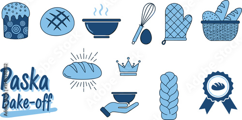 Paska bake off baking icons set, bread, whisk, oven mitt, bowl, bakery tools and pastry elements vector illustration