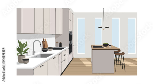 Sleek contemporary kitchen interior design featuring minimalist cabinetry, a functional island, and natural light