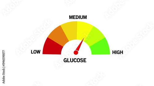 Glucose Level Text or Word Low and Medium to High Meter Concept Animation. high risk scale or glucose level, on white Background and features 4k Animation