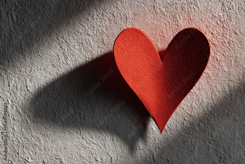 Fototapeta premium Minimal red heart shadow cast on a light wall