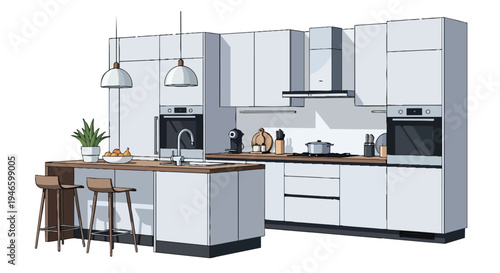 Modern minimalist kitchen with white cabinets, wooden island, bar stools, integrated appliances, and sleek pendant lights. A clean design for